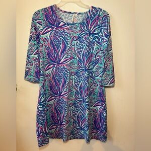 Lulu B Dress Womens Large Blue Tropical Floral Shift Resort Vacation Preppy